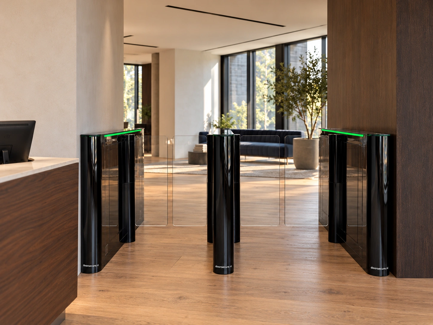 Black Doorsecure speed gates with glass wings in a warm office entrance meeting the side walls; edited setting.